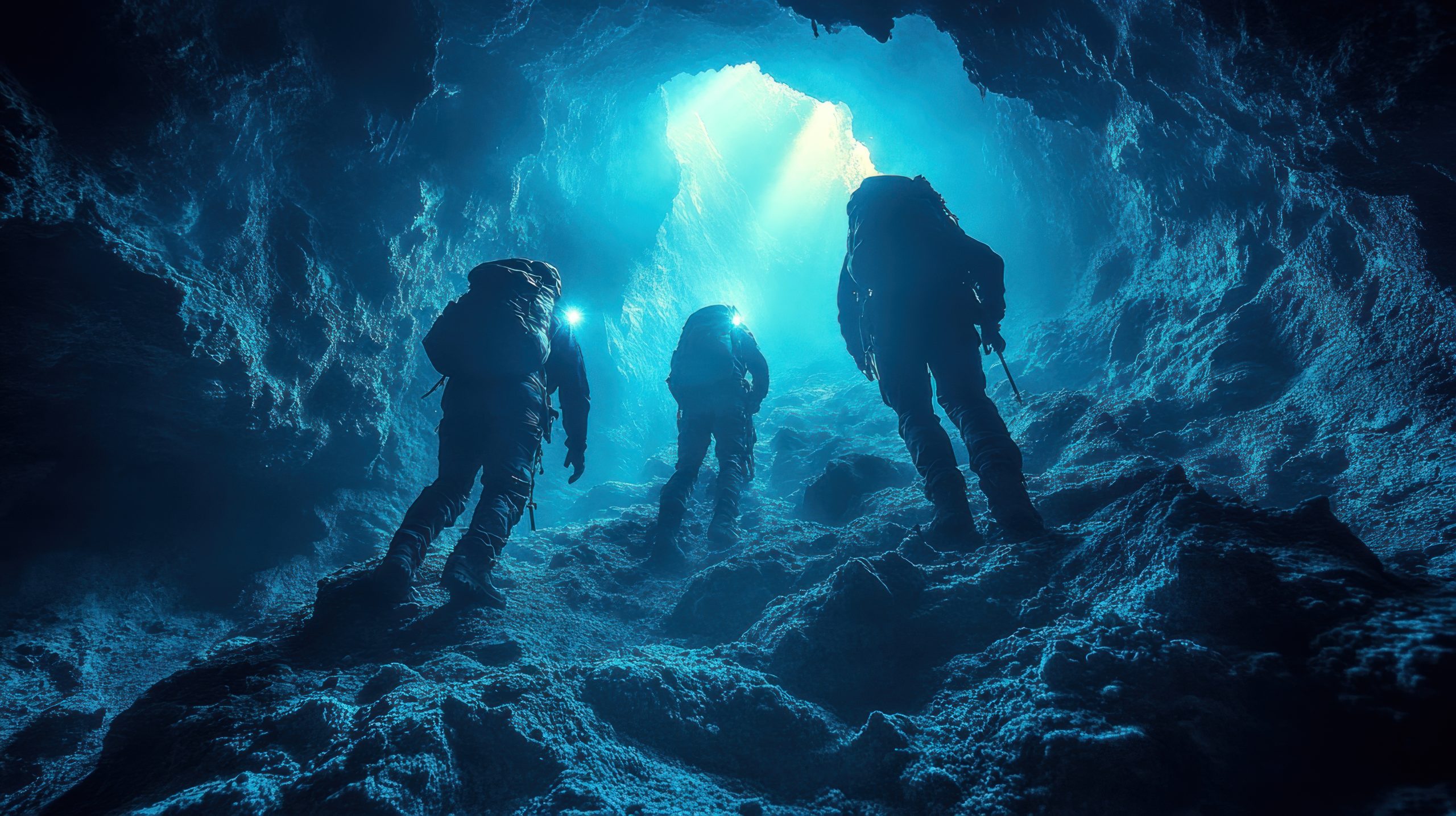 adventurers climbing over large boulders and rugged terrain within a deep cave system illuminated by their headlamps, *e20240909a --ar 16:9 --stylize 750 --v 6.1 Job ID: 06978bc5-d7cc-4c11-bf3c-78498fb7244a