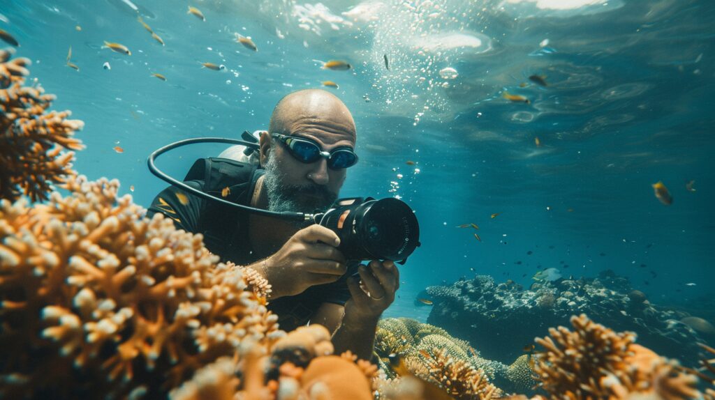 Underwater videos for social media filmed by a scuba diver using an action camera in the open ocean