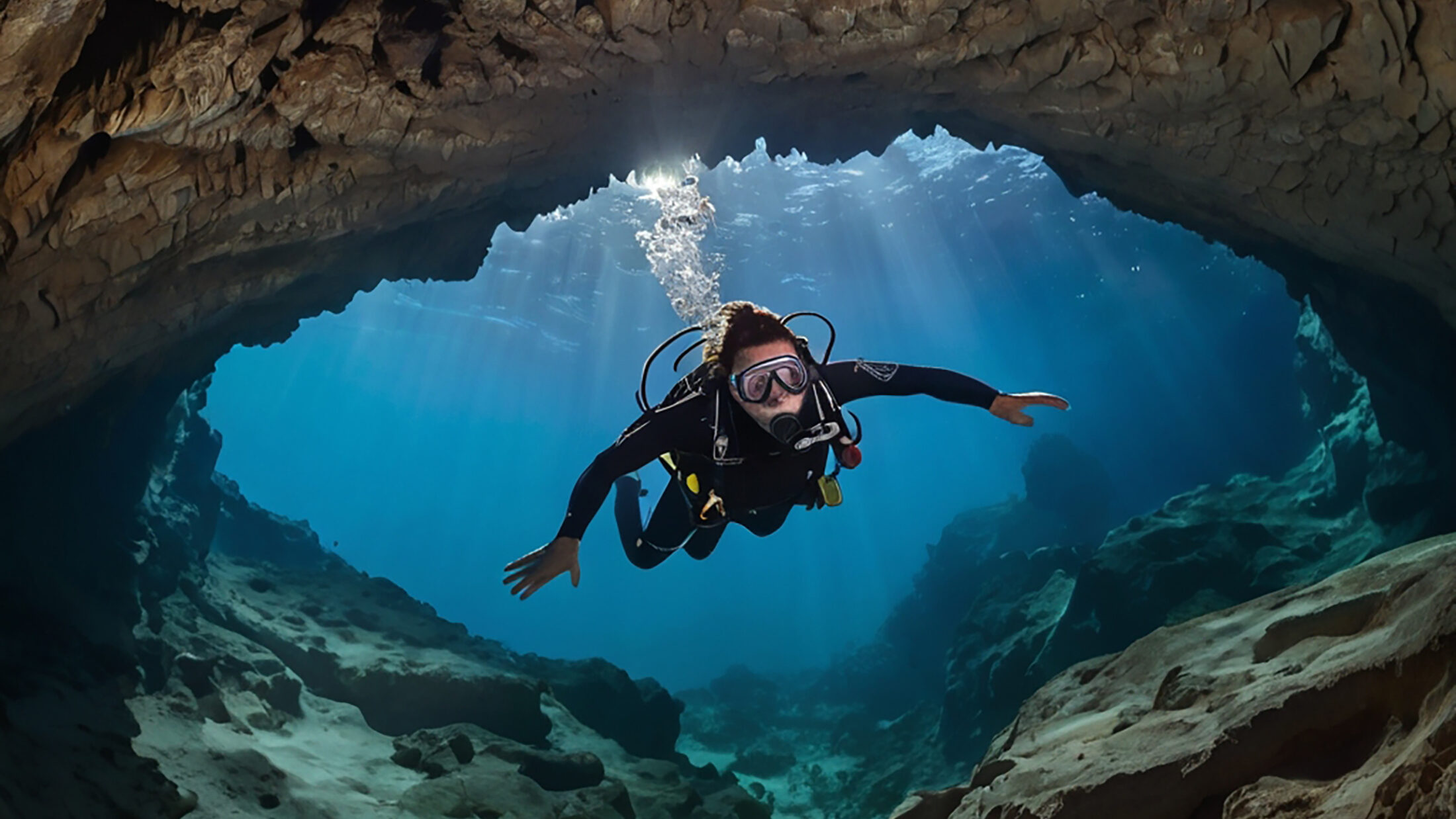 cave diving instructor guiding scuba diver through an underwater cave system